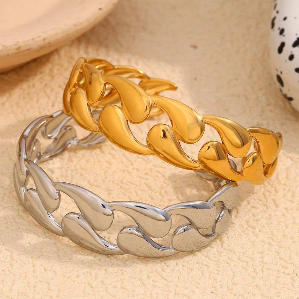 Bracciale rigido da donna alla moda minimalista geometrico in acciaio inossidabile placcato oro 18 carati liscio a goccia vuota