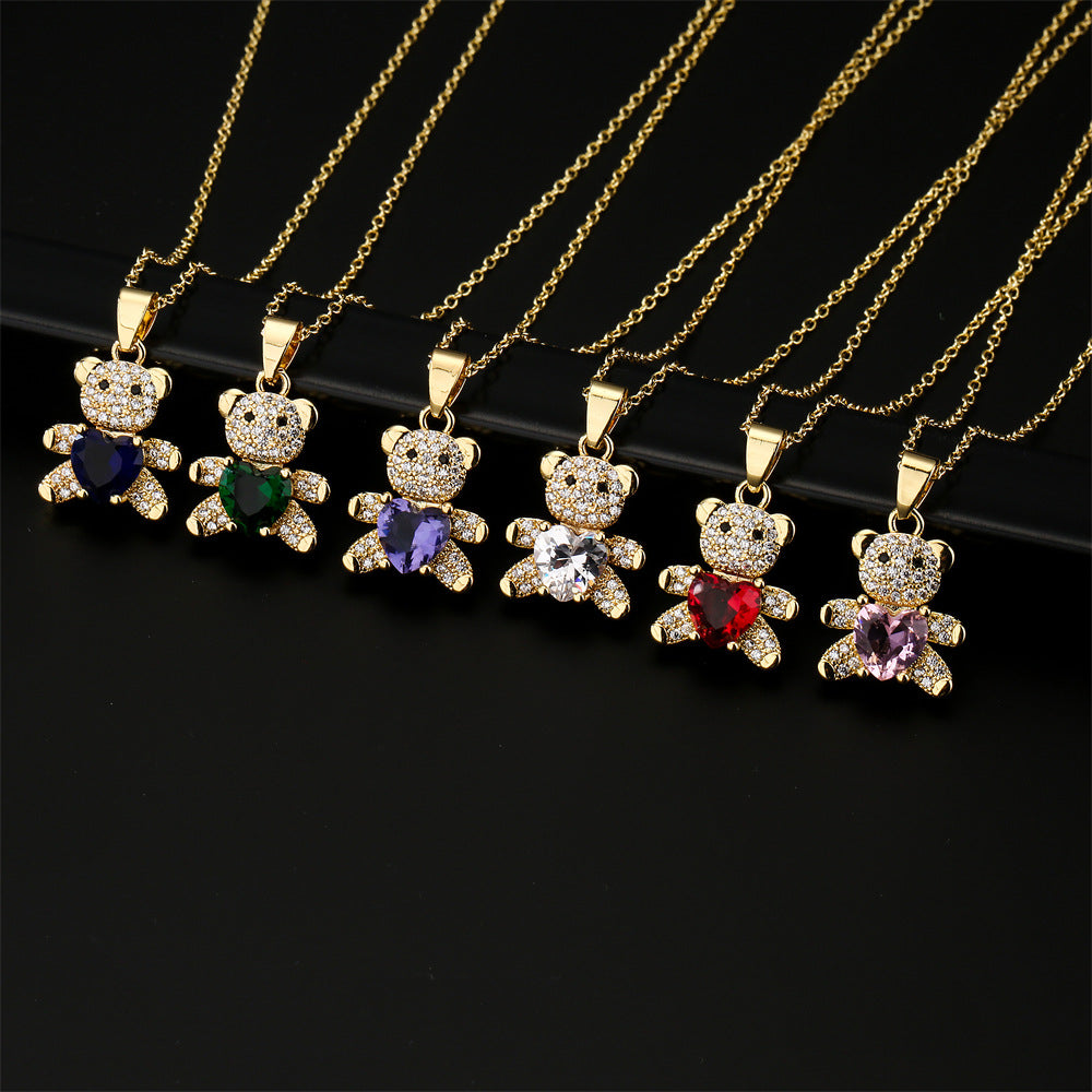 Cute Bear-Shaped Pendant Necklace in Copper with Micro-Paved Zirconia, Heart Design, Minimalist Style