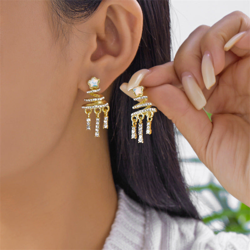 Christmas-Themed Star and Christmas Tree Shaped Dangle Earrings with Teardrop Tassels Zinc Alloy Electroplated for Women