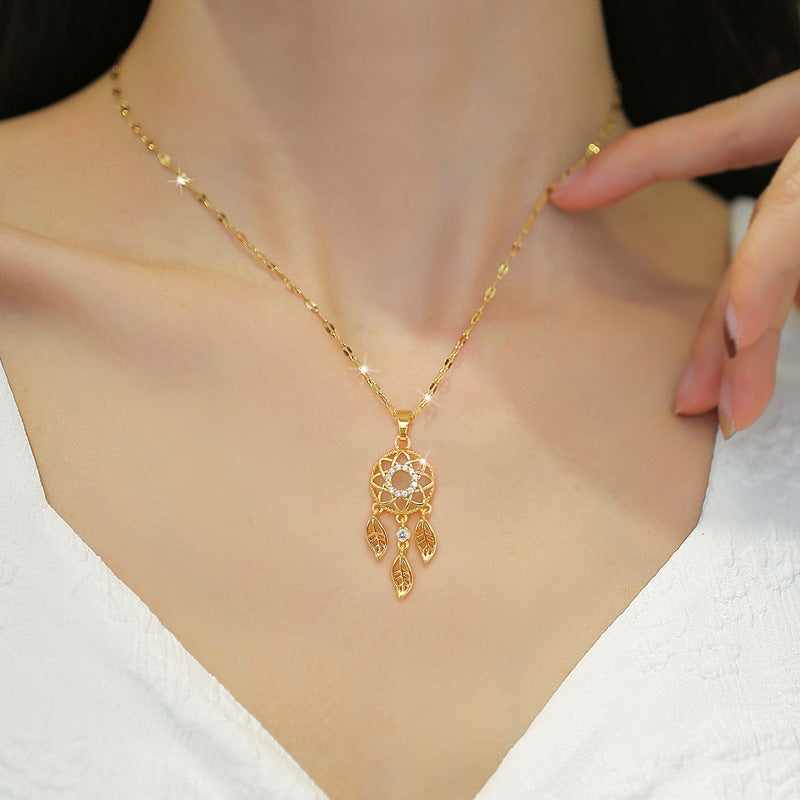 Feather Tassel Luxury Necklace for Women Geometric Pendant Stainless Steel Chain Wedding Party Collarbone Jewelry