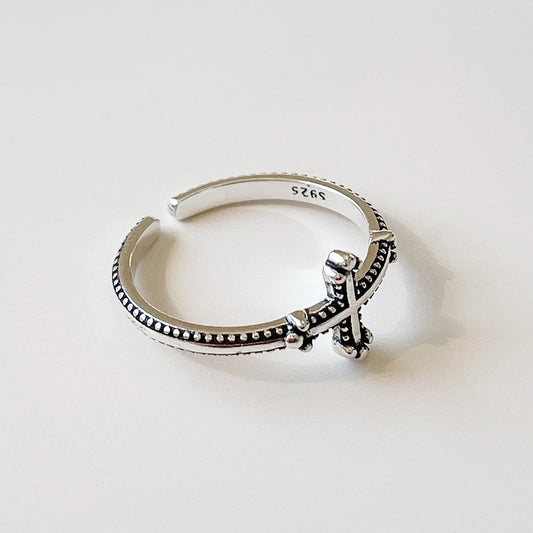 Anillo abierto de plata de ley S925, minimalista, vintage, con cruz retorcida