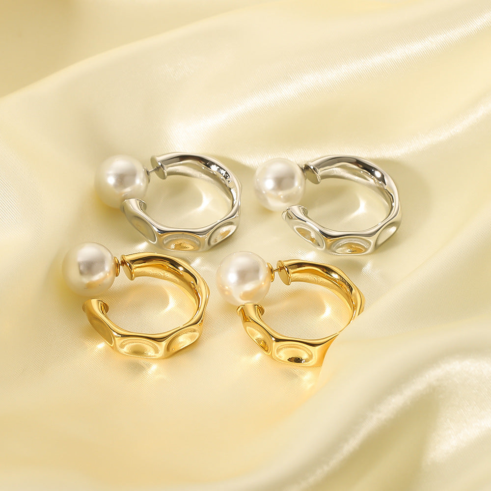 Minimalist Geometric Stainless Steel Ear Cuffs with 18K Gold Plating and Pearl Inlay for Women