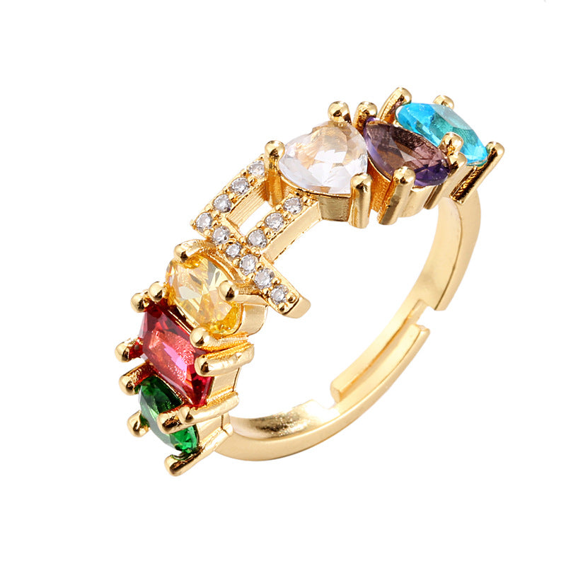 Hand-Set Cubic Zirconia Letter Open Ring Gold Plated Brass Adjustable Women