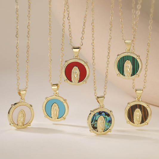 Minimalist Vintage 18K Gold Plated Brass Round Virgin Mary Pendant Necklace