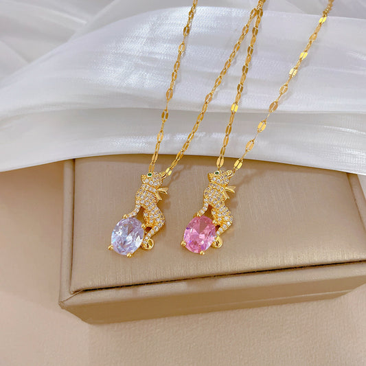 Minimalist Leopard Pendant Necklace for Women and Men Stainless Steel Snake Chain with Rhinestone Inlay Geometric Design