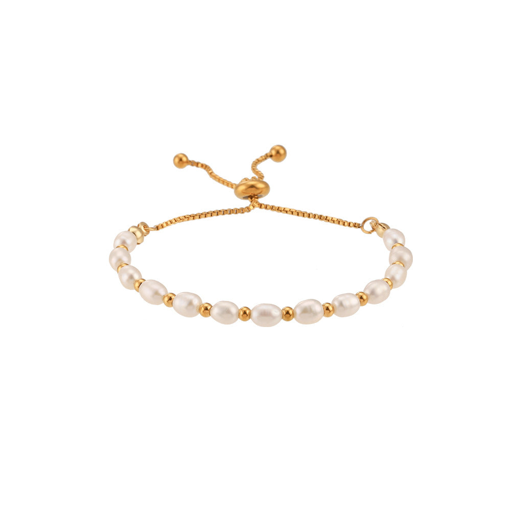 Minimalist Fashionable Geometric Stainless Steel Bracelet with 18K Gold Plated Finish and Freshwater Pearl Spacers Adjustable Drawstring Design