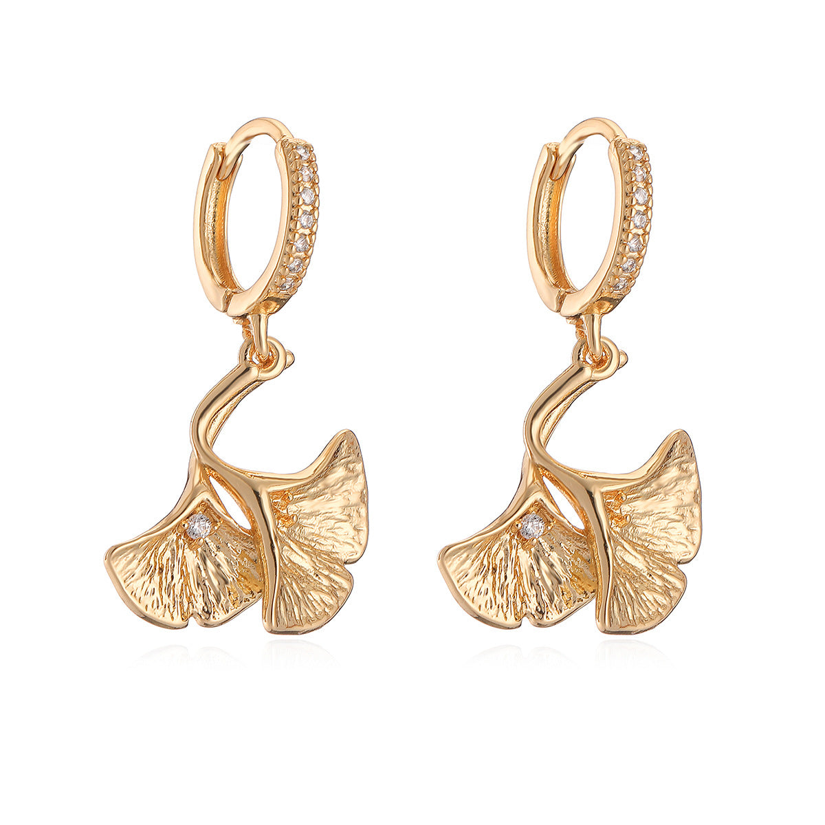 Minimalist Ginkgo Leaf Shaped Earrings for Women with Zircon Inlay on Copper Base