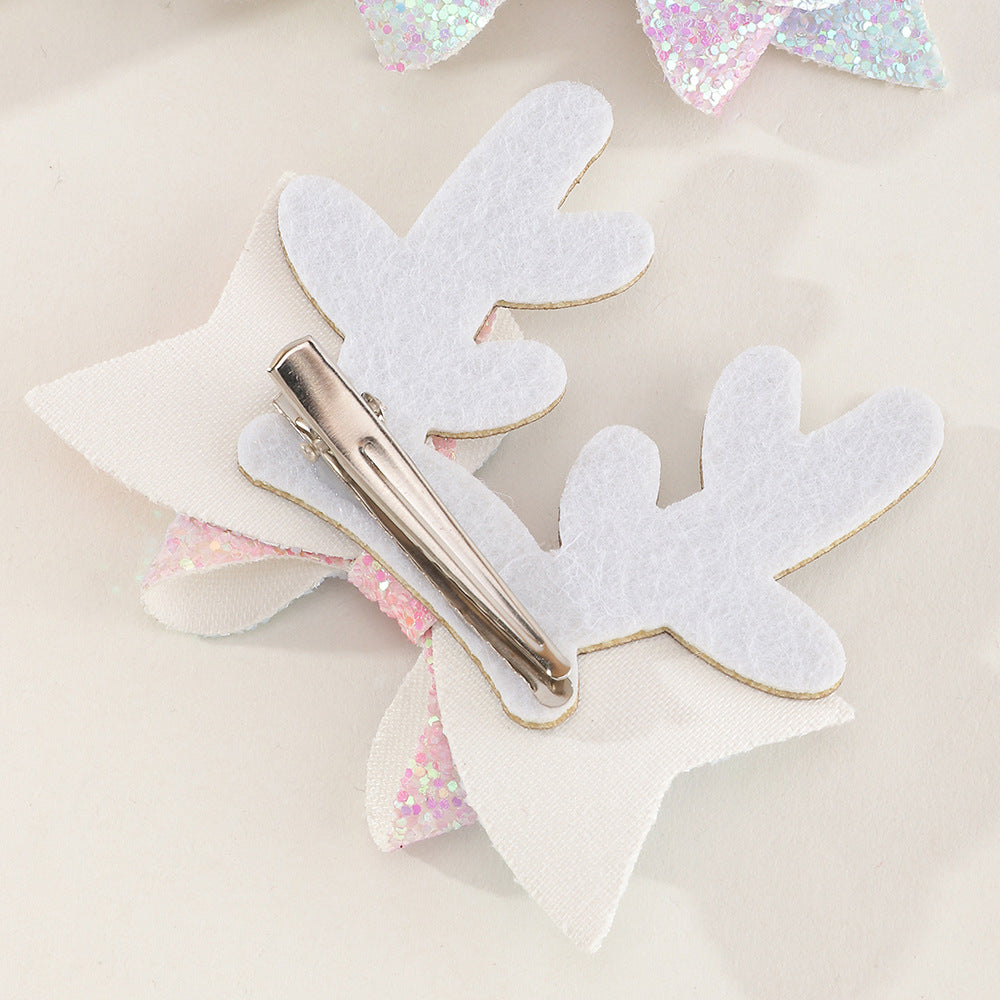 Handmade Bowknot Hair Clip Set for Girls with Deer Ear Design, Sparkling Sequins Accent, Fabric Material, Christmas and Fall Winter Collection