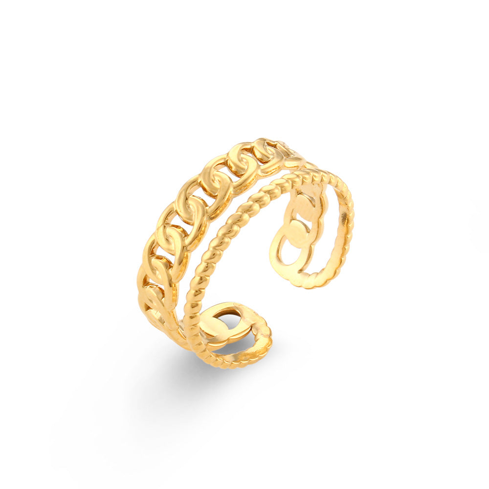 Anillo minimalista geométrico de acero inoxidable con diseño hueco y acabado chapado para mujer