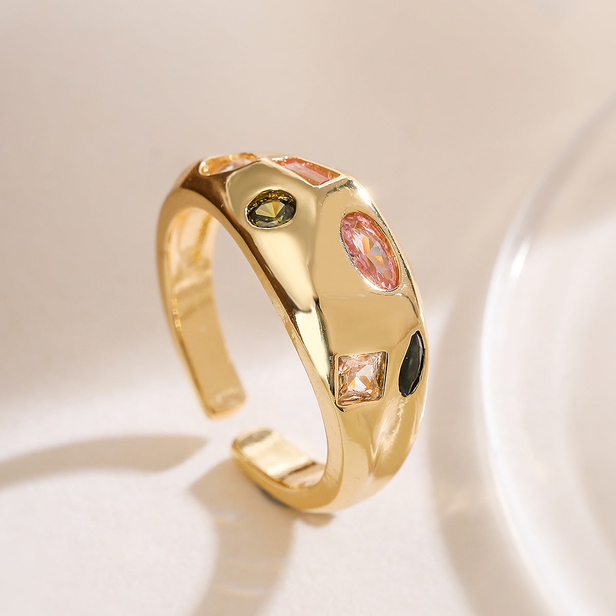 Minimalist 18K Gold Plated Brass Geometric Ring with Cubic Zirconia for Women
