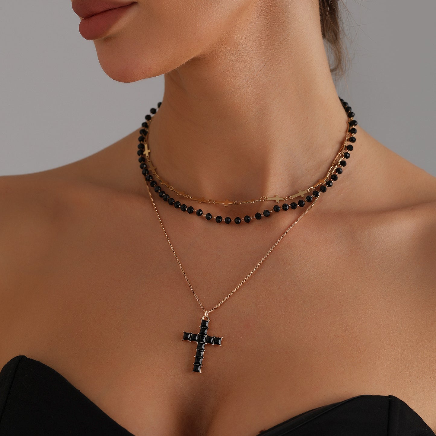 Dark Feminine Cross Pendant Necklace for Women Alloy Geometric Shape with Plated Finish Fashion Clavicle Chain