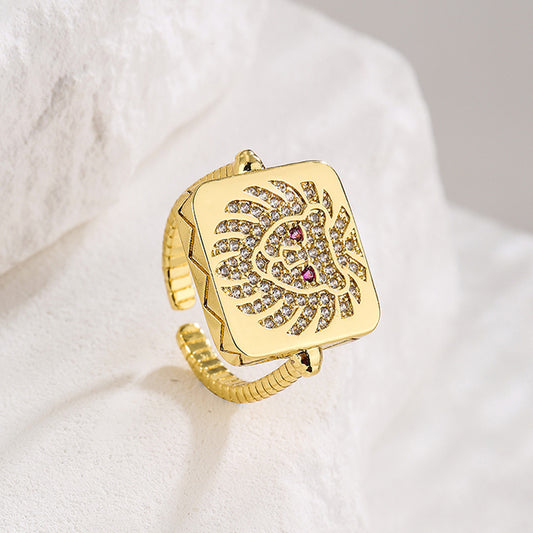 Minimalist Geometric Lion Ring in Copper with Gold Plating and Zircon Inlay for Women