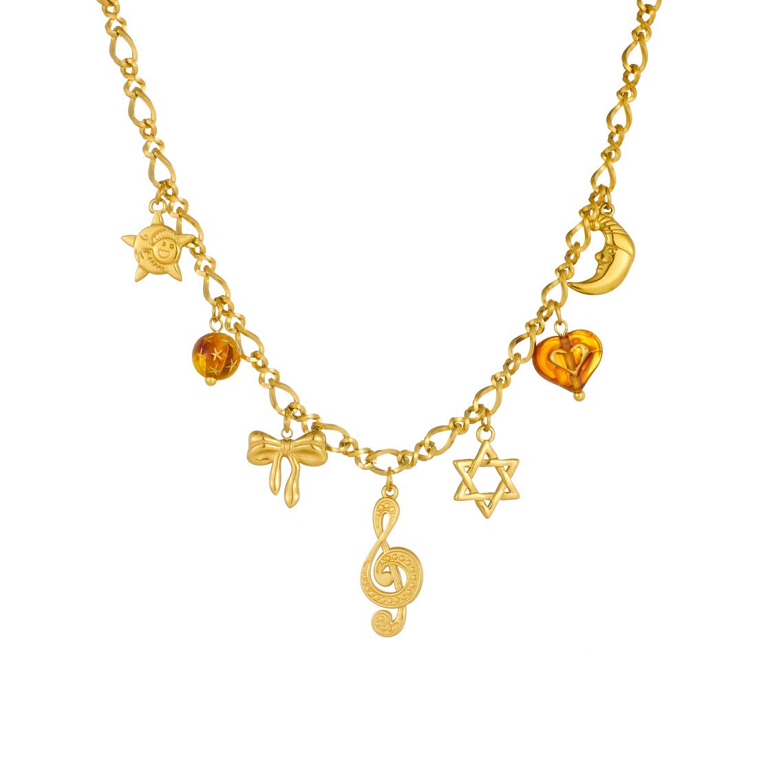 Vintage Gold Plated Stainless Steel Bow Star Moon Note Charm Bar Necklace for Women