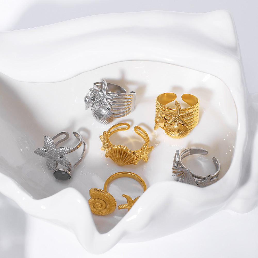 INS Style Geometric Starfish and Seashell Open Ring for Women Stainless Steel with 18K Vacuum Plating