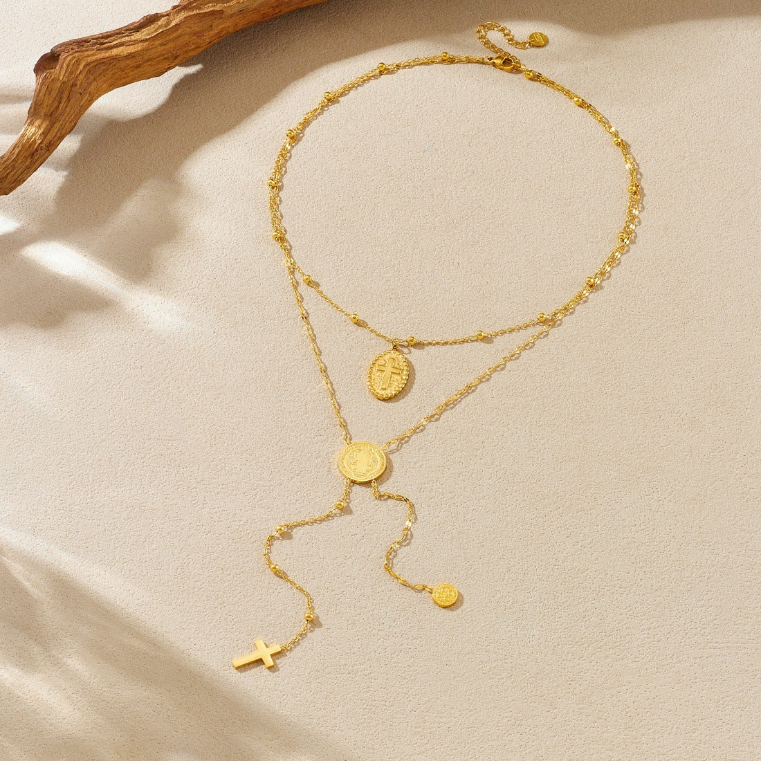 Vintage Gold Plated Stainless Steel Multi-Layer Cross and Round Relief Portrait Necklace for Women