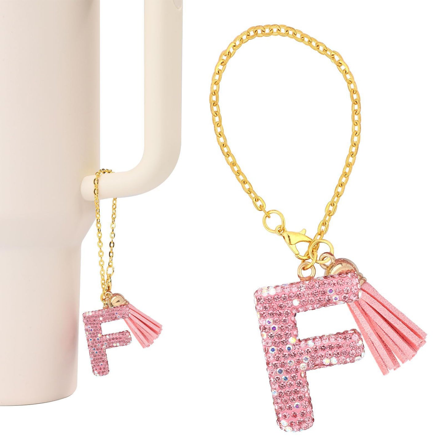 Minimalist Geometric Letter Ceramic Pendant with Gold Adjustable Chain Pink Tassel and Glitter Sequins