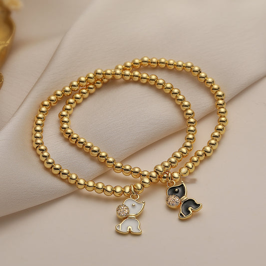 Cute Dog-Shaped Pendant Bracelet for Women with Copper Beads and Enamel Finish, Fashionable Minimalist Animal Design Jewelry