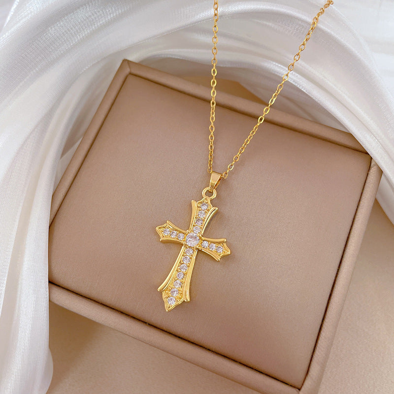 Collar con Colgante de Cruz Minimalista de Acero de Titanio con Incrustaciones Completas de Pedrería para Mujeres y Hombres, Delicada Cadena de Clavícula con Diseño Geométrico