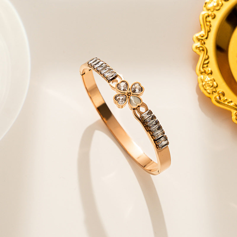 Minimalist Geometric Titanium Steel Plated Bracelet with Rhinestone Inlay for Women