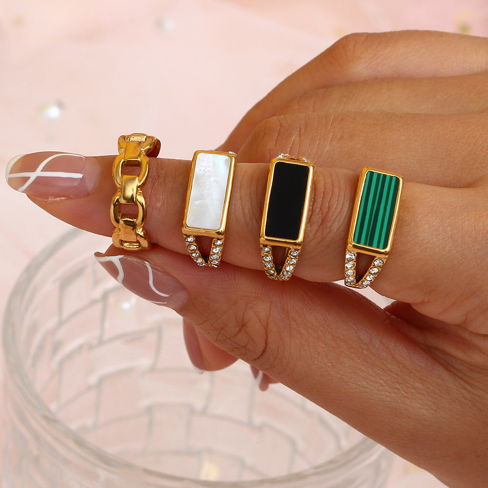 Vintage-Inspired Geometric Stainless Steel Ring with Side Rhinestone Accents for Women