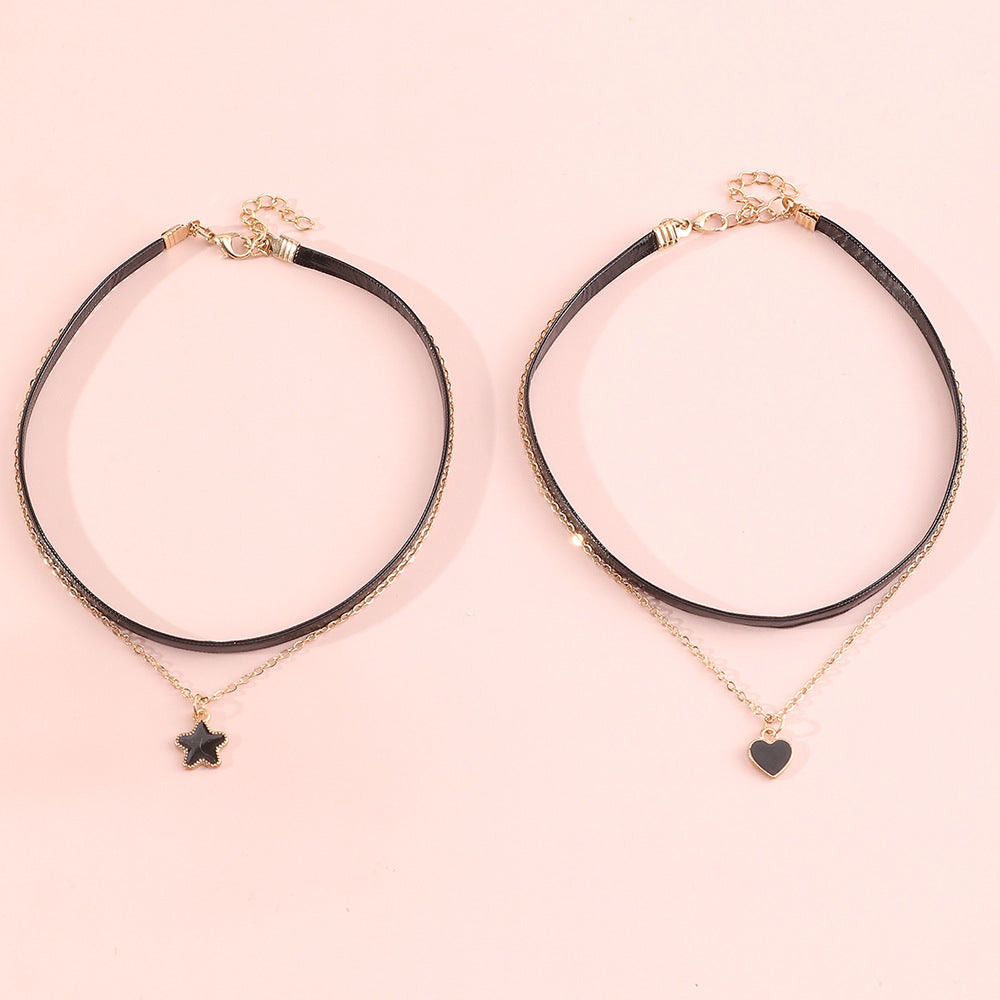 Collana con ciondolo a doppio strato cuore e stella in stile Rock Hip Hop per ragazze, in lega con finitura smaltata