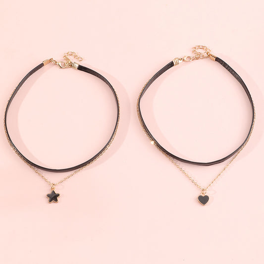 Rock Hip Hop Style Double Layer Heart and Star Pendant Necklace for Girls with Alloy Material and Enamel Finish
