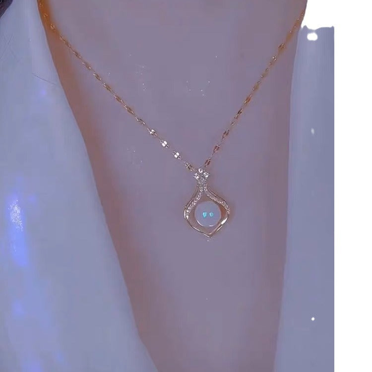Elegant Minimalist Geometric Pendant Necklace for Women Titanium Steel Clavicle Chain with Hollow Pearl Accent and Rhinestone Inlay