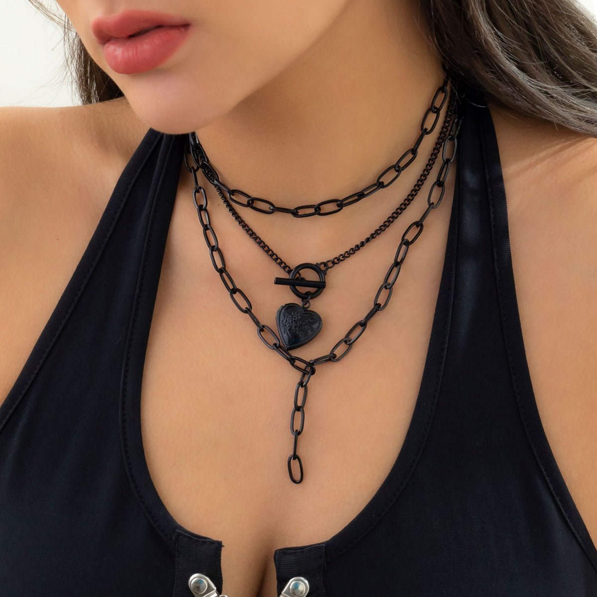 Minimalist Sweet Star Heart Rhinestone Alloy Pendant Plated Brass Curb Chain Layered Necklace for Women