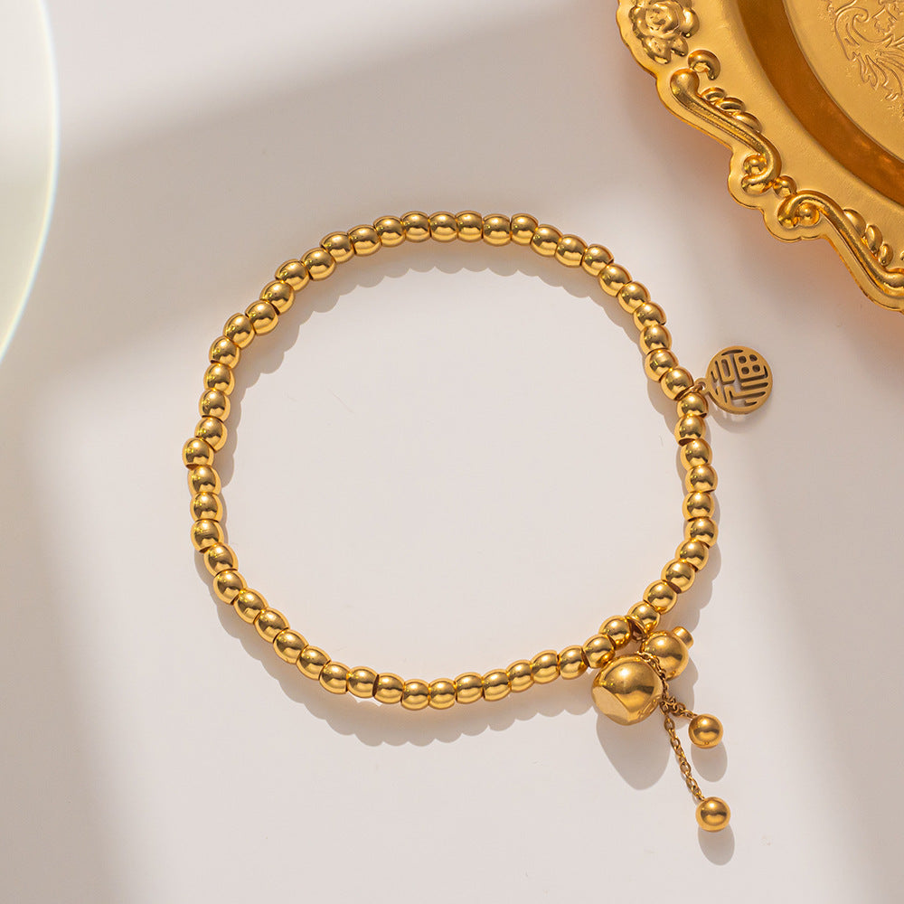 Luxury Style Geometric Shaped Titanium Steel Gold-Plated Elastic Bracelet with Chinese Character 'Fu' and 'Xi' Pendant for Women