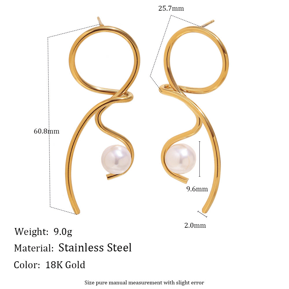Orecchini da donna in acciaio inossidabile placcati oro 18 carati con design geometrico minimalista a nodo e perle simulate