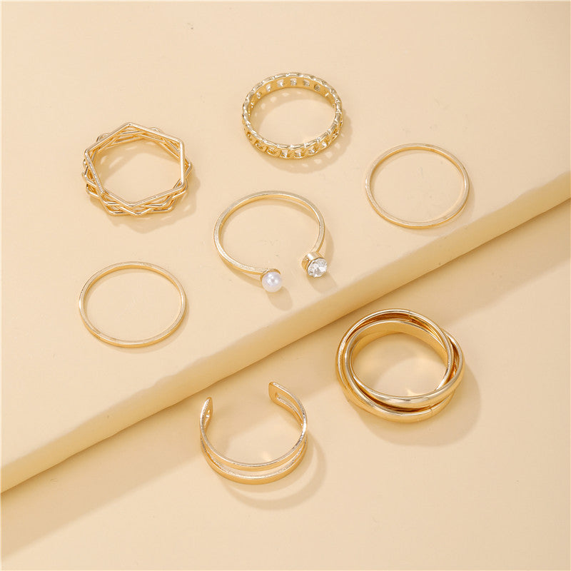 Vintage Geometric Round Alloy Plated Ring Set with Pearl Inlay for Women