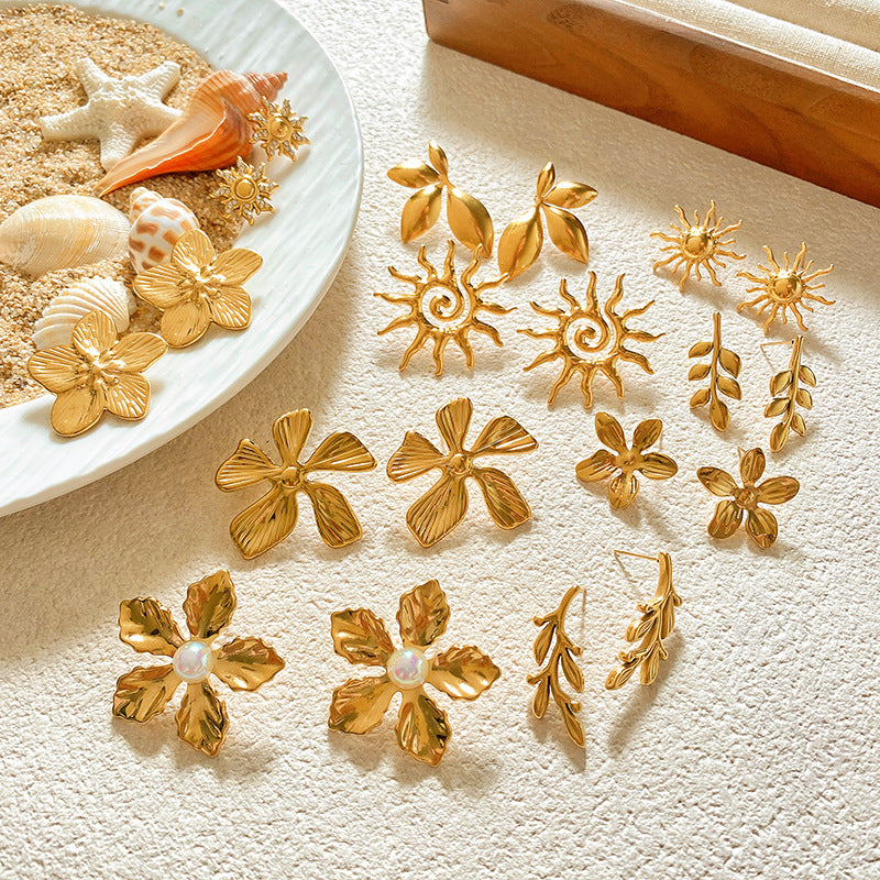 Sweet Sunflower Plant Brass Stud Earrings with Stainless Steel Posts