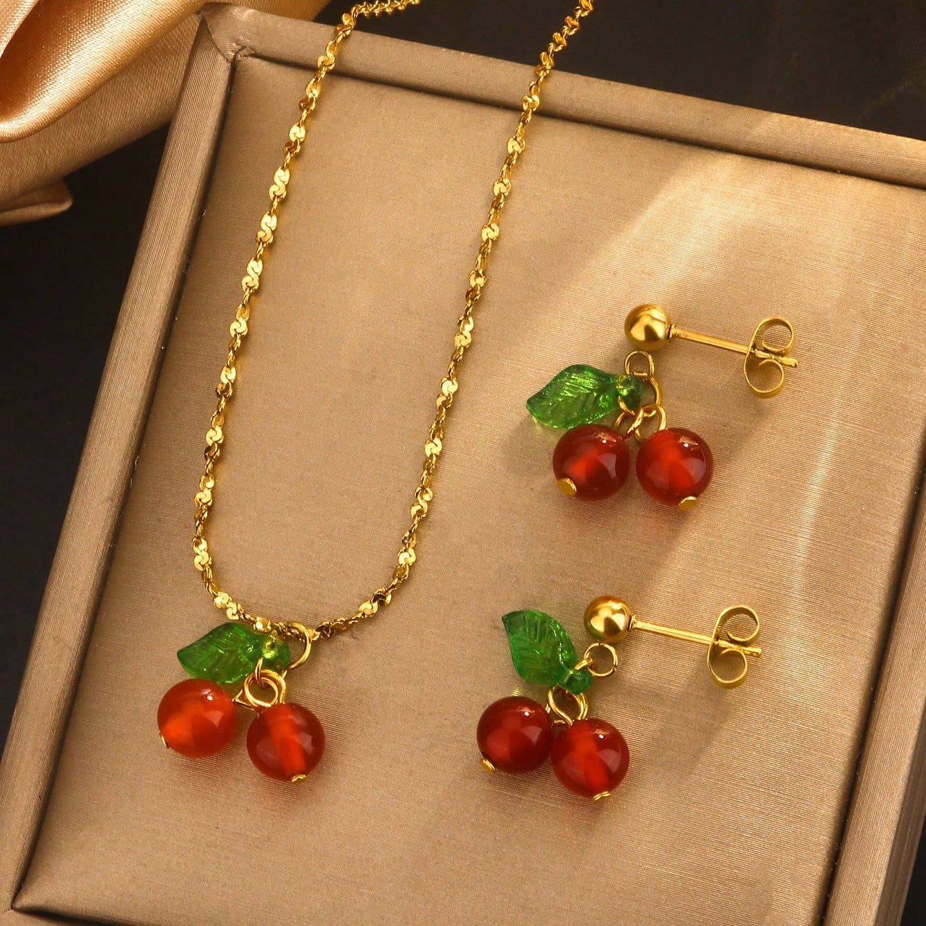 Sweet Cherry Titanium Steel Plated Necklace and Earring Set for Women
