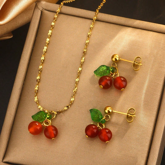 Set di collana e orecchini in acciaio placcato con ciliegie dolci da donna