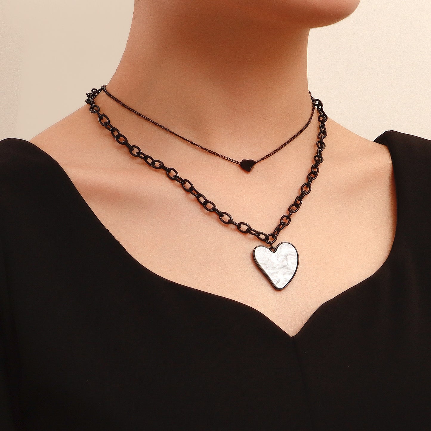 Minimalist Heart-Shaped Alloy Pendant Necklace with Plated Finish for Women Double-Layer Clavicle Chain