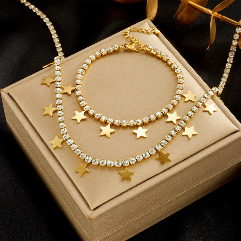 Vintage-Inspired Minimalist Star Pendant Necklace and Bracelet Set in Titanium Steel with Rhinestone Inlay and Plated Finish