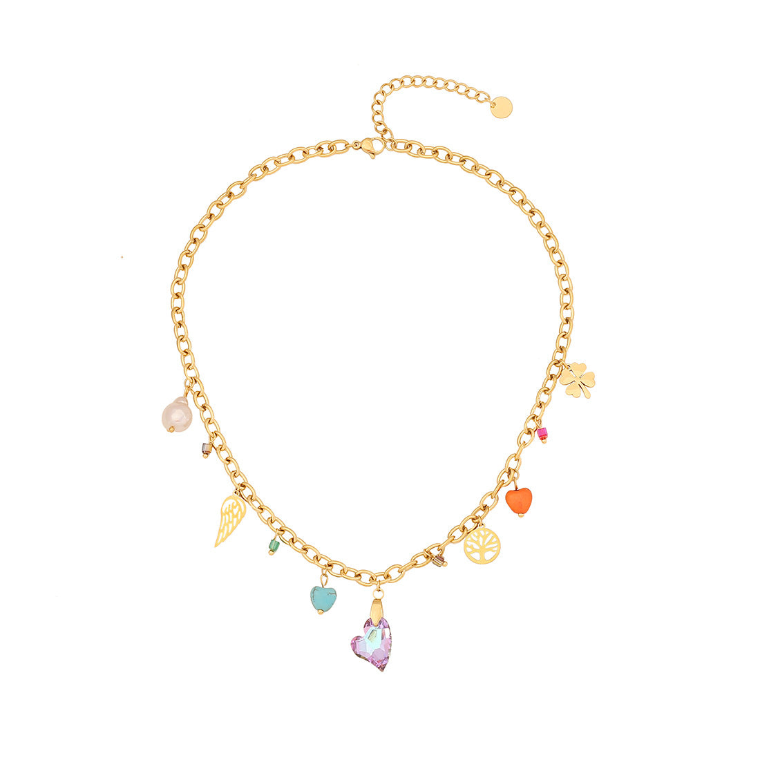Elegante Collana da Donna in Acciaio Inossidabile a Cuore con Ciondolo in Vetro Colorato e Finitura Galvanizzata