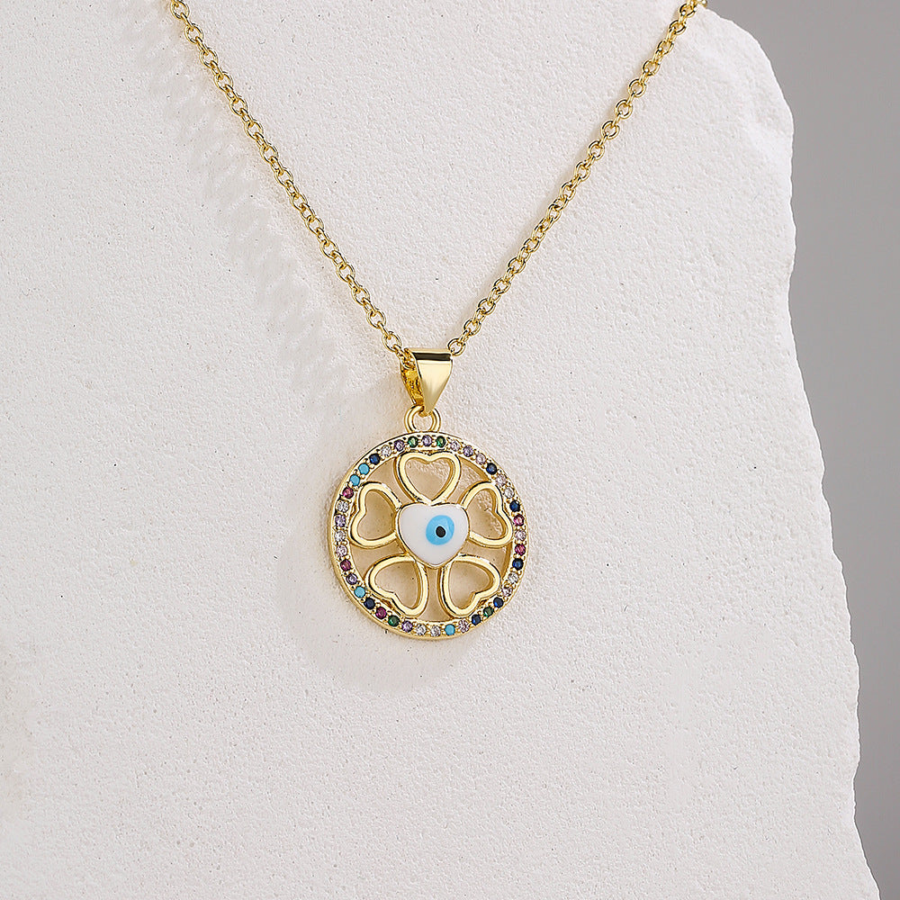 Bohemian Style Geometric Evil Eye Pendant Necklace in Copper with 18K Gold Plating and Enamel Finish, Set with Zircon