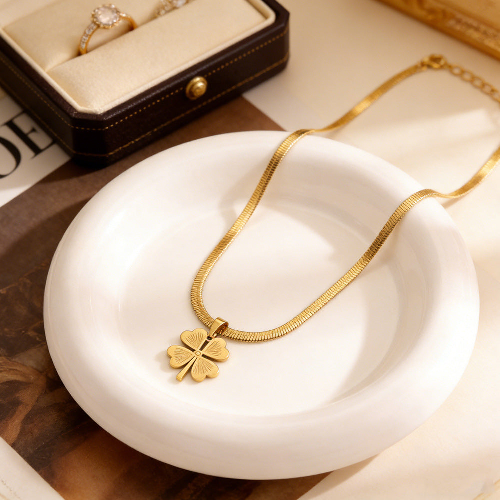 Sweet Geometric Floral Plated Titanium Steel Four-Leaf Clover Necklace and Earring Set for Women