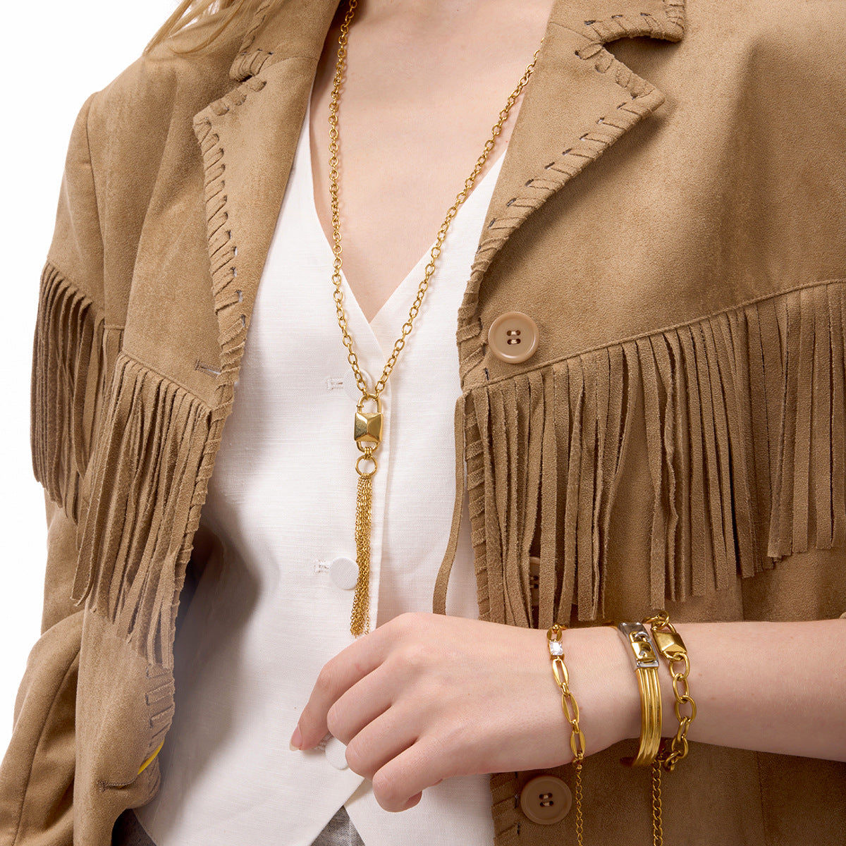 Conjunto de Collar y Pulsera Minimalista de Acero de Titanio Geométrico con Acabado Chapado para Mujer