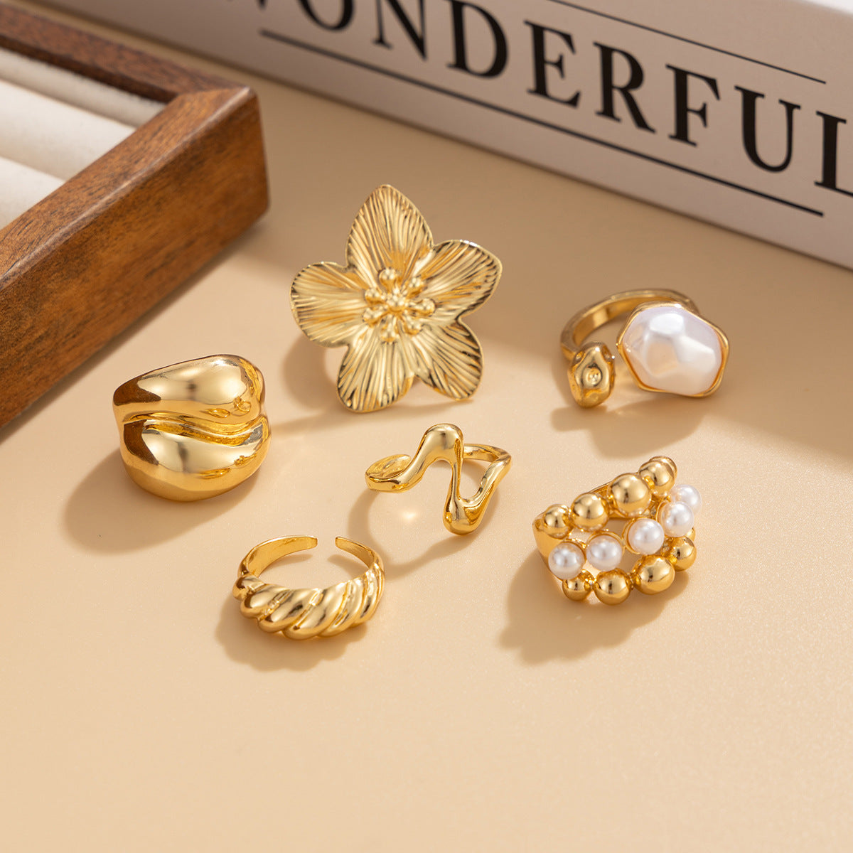Sweet Plated Zinc Alloy Starfish and Shell Open Ring Set for Women