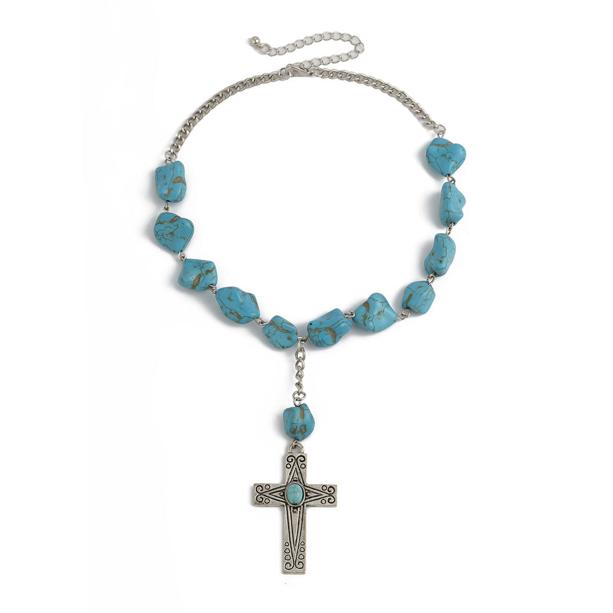 Collana da donna etnica vintage a croce irregolare turchese in metallo con finitura placcata e ciondolo geometrico