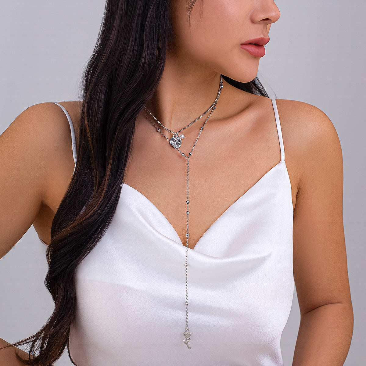 Minimalist Rose Y-Shaped Long Pearl-Style Pendant Necklace for Women with Gold-Plated Alloy and Imitation Pearl Accents on Ball Chain