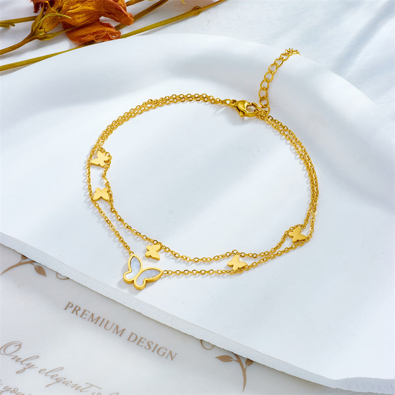 Tobillera Pulsera de Tobillo de Mariposa Pulida Minimalista de Acero de Titanio Multicapa Estilo Playa Versátil