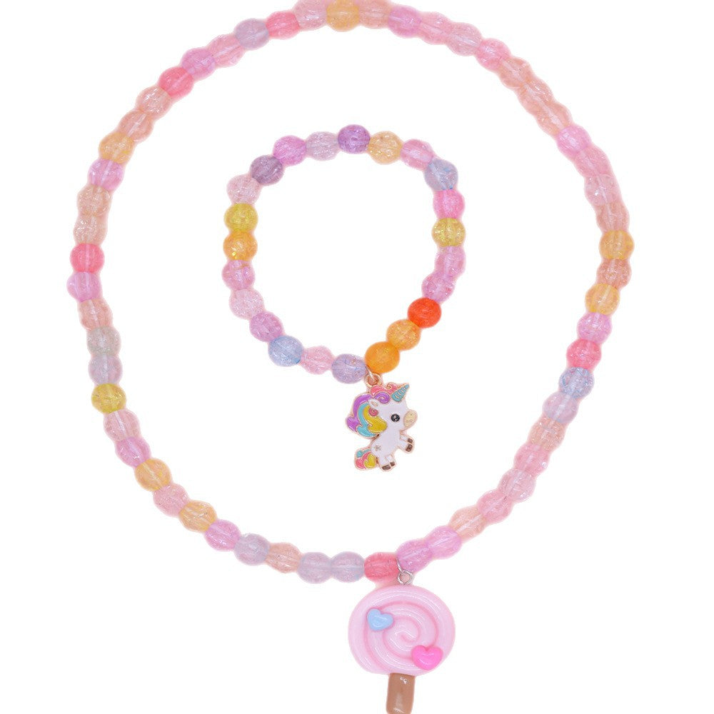 Collana con Pendente Unicorno Cartone Animato per Bambini in Resina con Catena di Perline Rotonde, Set di Gioielli per Bambine in Stile Principessa
