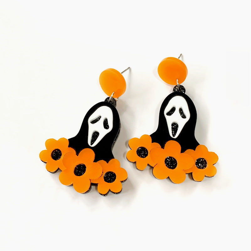 Orecchini asimmetrici in acrilico per Halloween con lettere glitterate, motivi di zucca, fantasma, teschio, scheletro e ragno