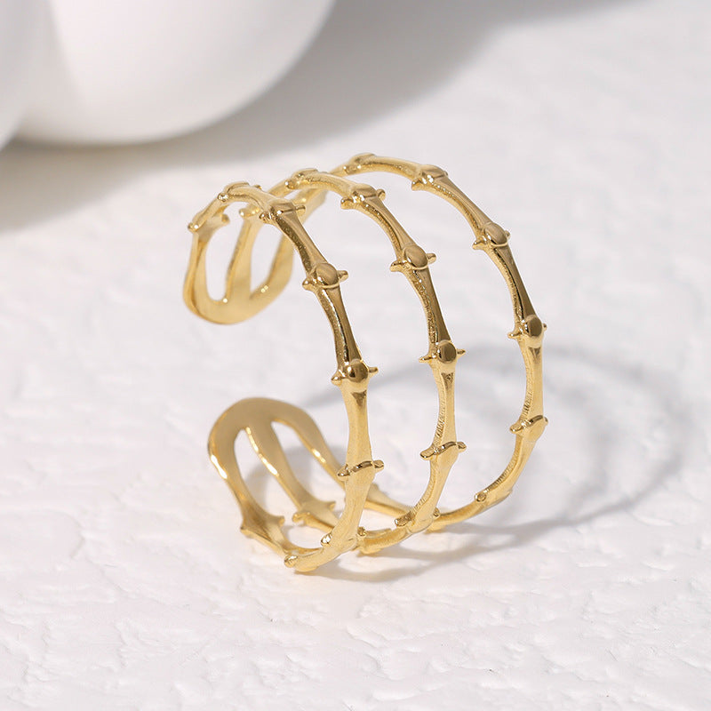 Minimalist Sweet Bamboo Plant Stainless Steel Plated Open Ring for Women
