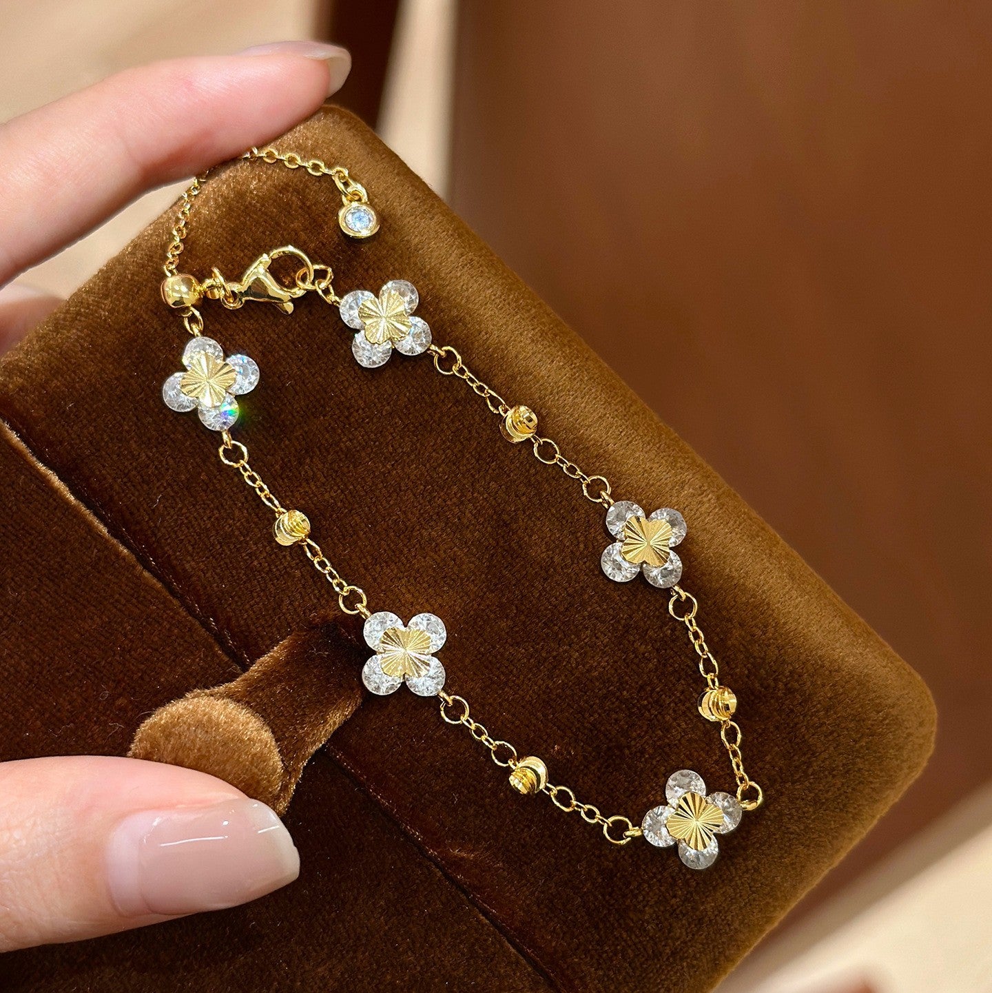 Elegant Geometric Floral Bracelet for Women in Plated Copper with Rhinestone Accents, Minimalist Office Style Hand Jewelry