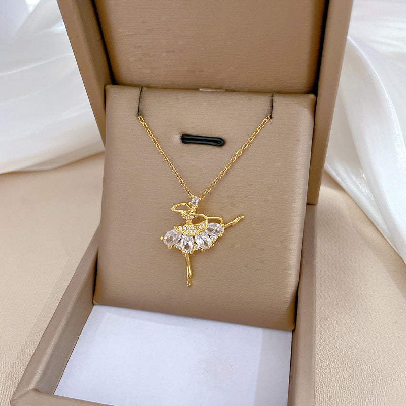 Minimalist Geometric Titanium Steel Necklace with Gold Plated Brass Pendant and Rhinestone Inlay