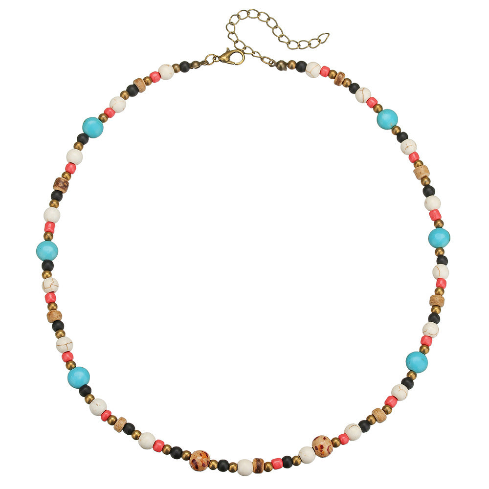 Bohemian Geometric Round Wood Turquoise Necklace Cable Chain Unisex